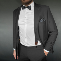 Tmavě šedý pánský set s paisley vzorem – kšandy, motýlek a kapesníček