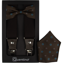 Tmavě hnědý pánský set s tyrkysovými květy – kšandy, motýlek a kapesníček