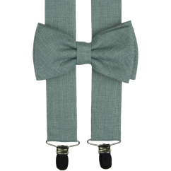 Lněné šalvějově zelené kšandy s motýlkem včetně kapesníčku