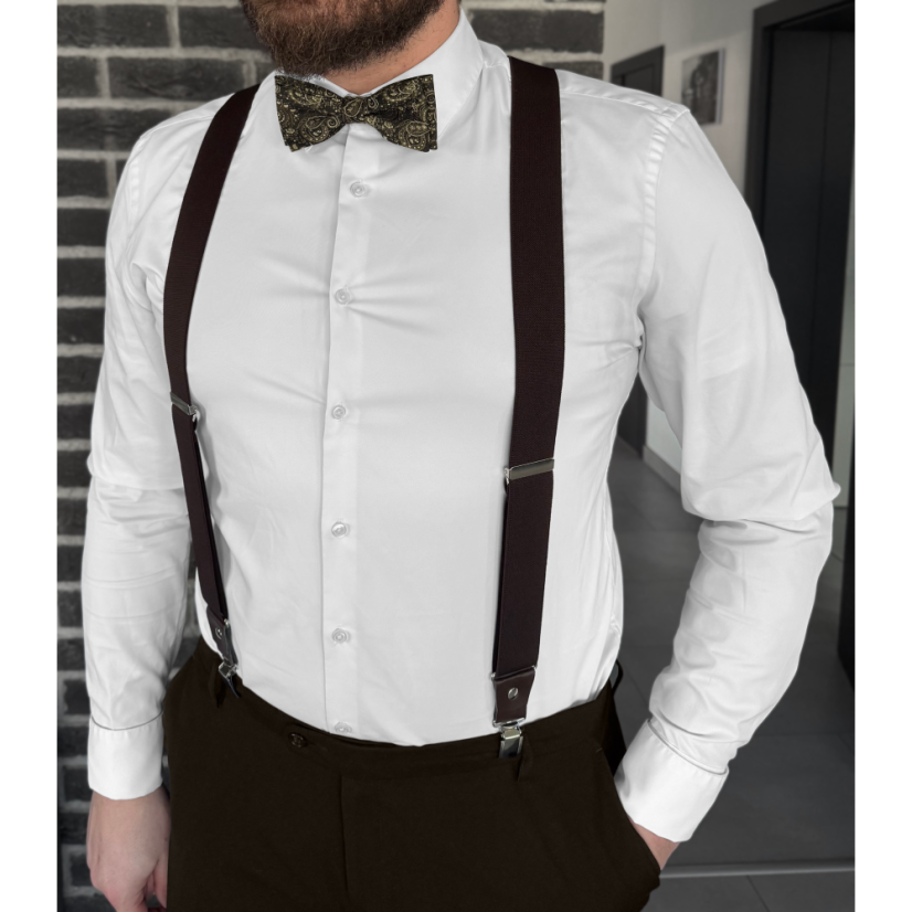 Tmavě hnědý pánský motýlek se zlatým paisley vzorem