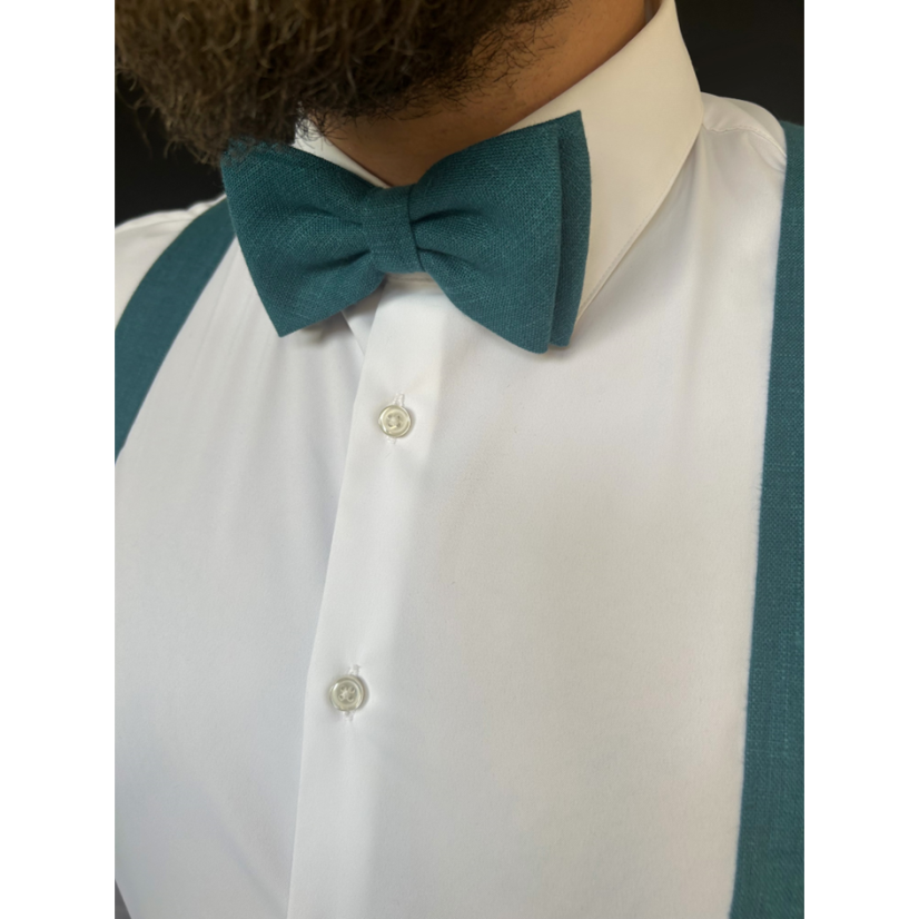 Lněné petrolejové kšandy s motýlkem včetně kapesníčku