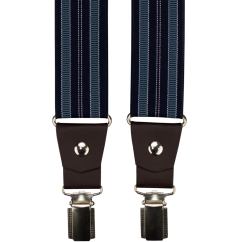 Modré pánské široké kšandy s pruhy a tmavě hnědou pravou kůží