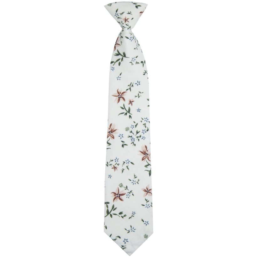 Cream Children's Cotton Necktie with Blue-Brown Floral Pattern