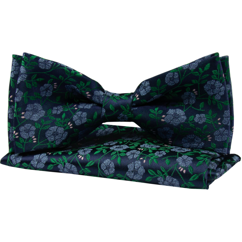 Dark Blue Men's Bow Tie with Delicate Floral Pattern Including Pocket Square