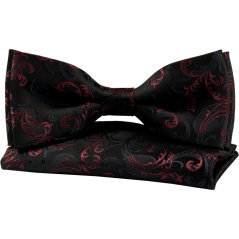 Black Men's Bow Tie with Bordeaux Ornamental Pattern