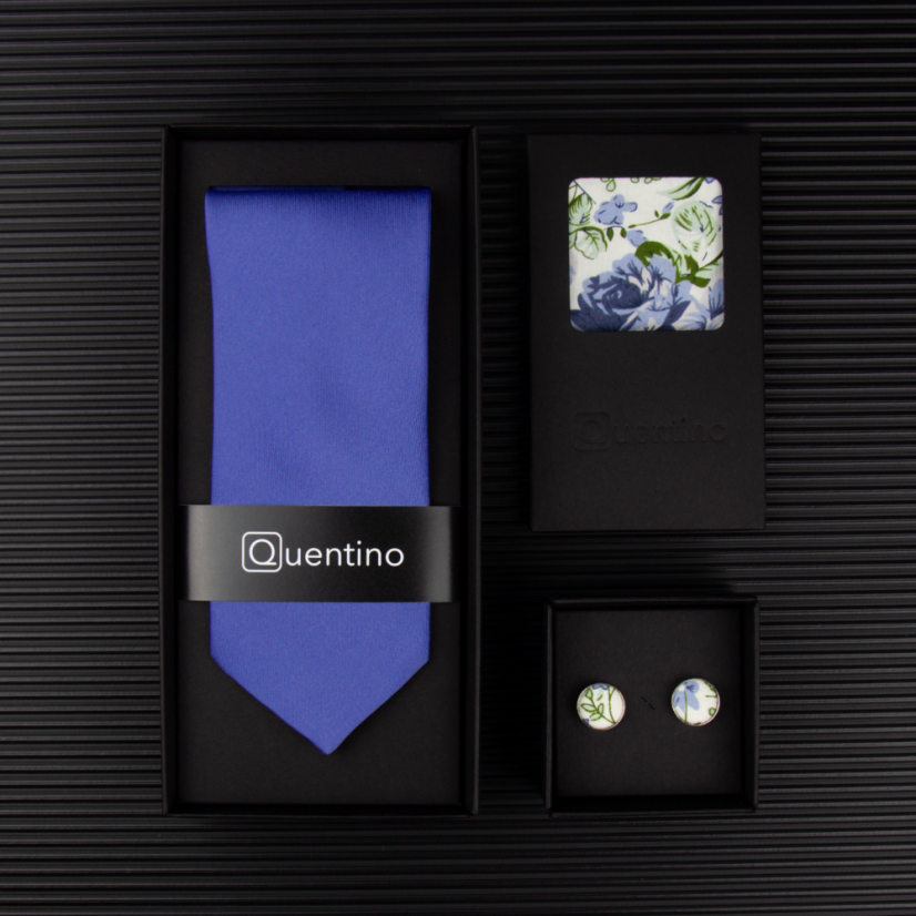 Modrý denim pánský set – kravata, kapesníček a manžetové knoflíčky