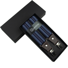 Modré pánské široké kšandy s pruhy a tmavě hnědou pravou kůží