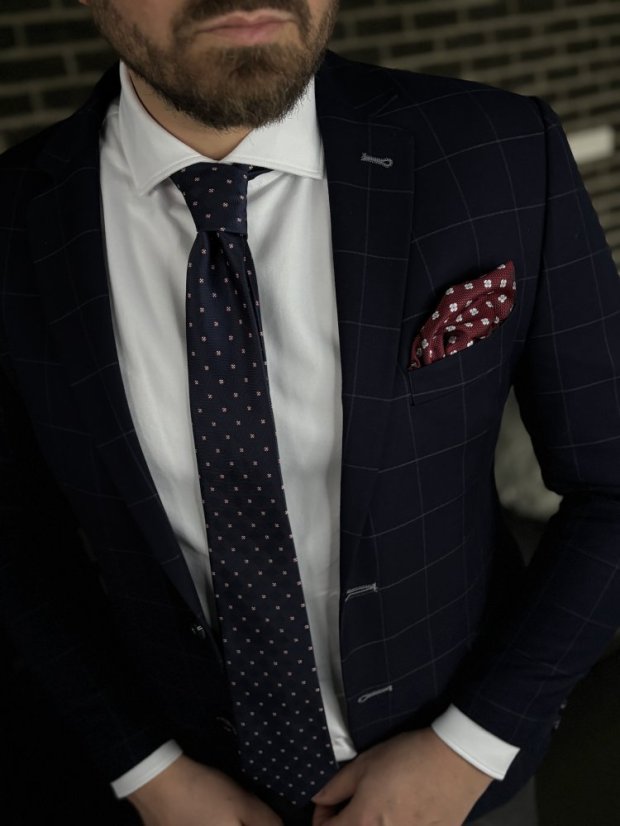 Tmavě modrá pánská kravata s červeno-bílým vzorem