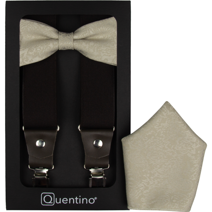 Světle béžovo-hnědý pánský set s jemnou strukturou – kšandy, motýlek a kapesníček