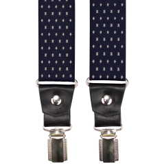 Tmavě modré pánské široké kšandy s křížky a pravou černou kůží