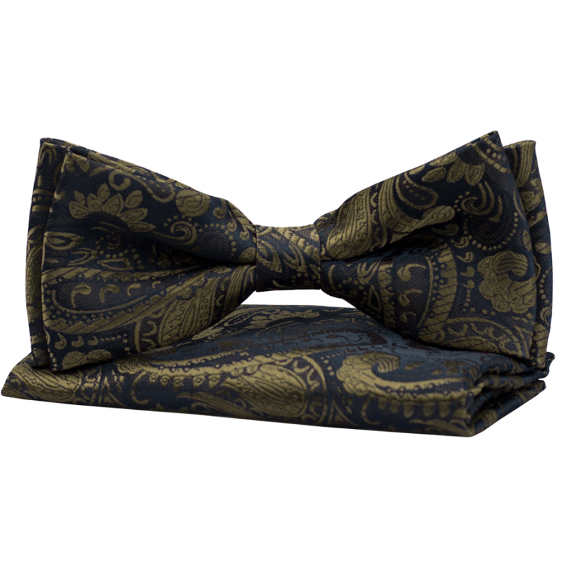 Dark Blue Men's Bow Tie with Paisley Pattern Including Pocket Square