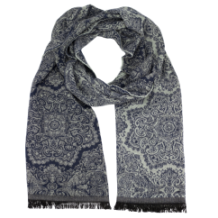 Dark Navy Grey Men's Scarf with Ornamental Pattern and Fringe