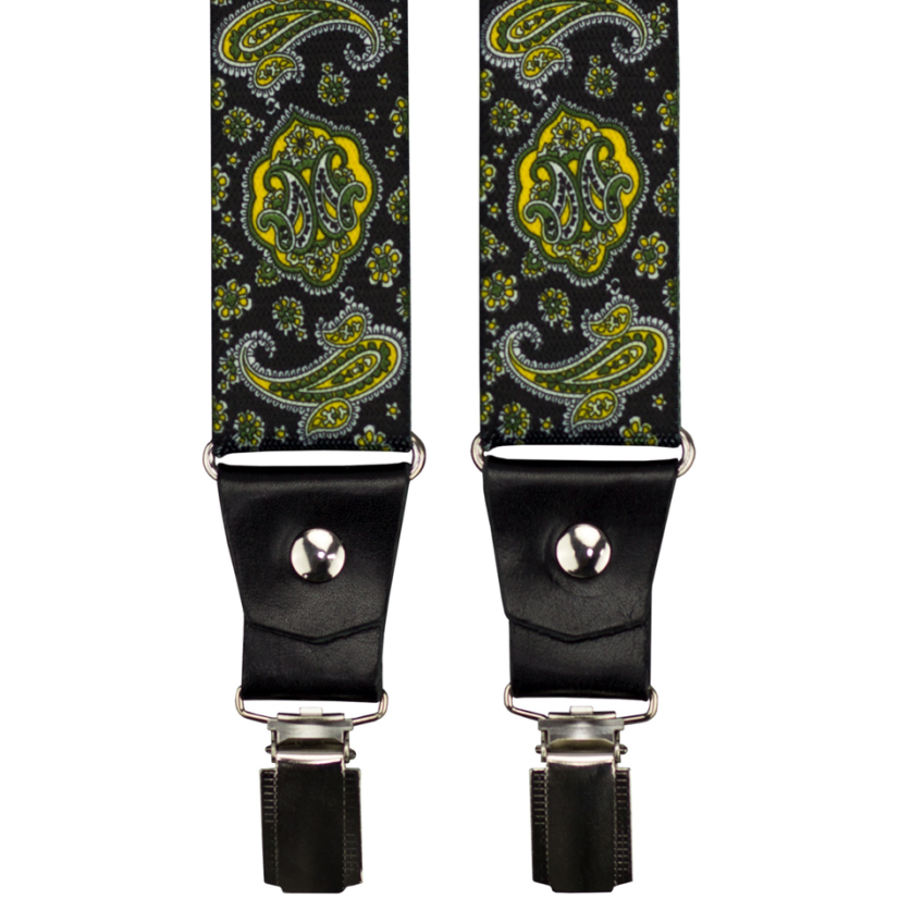 Black Men's Wide Suspenders with Paisley Pattern and Genuine Black Leather