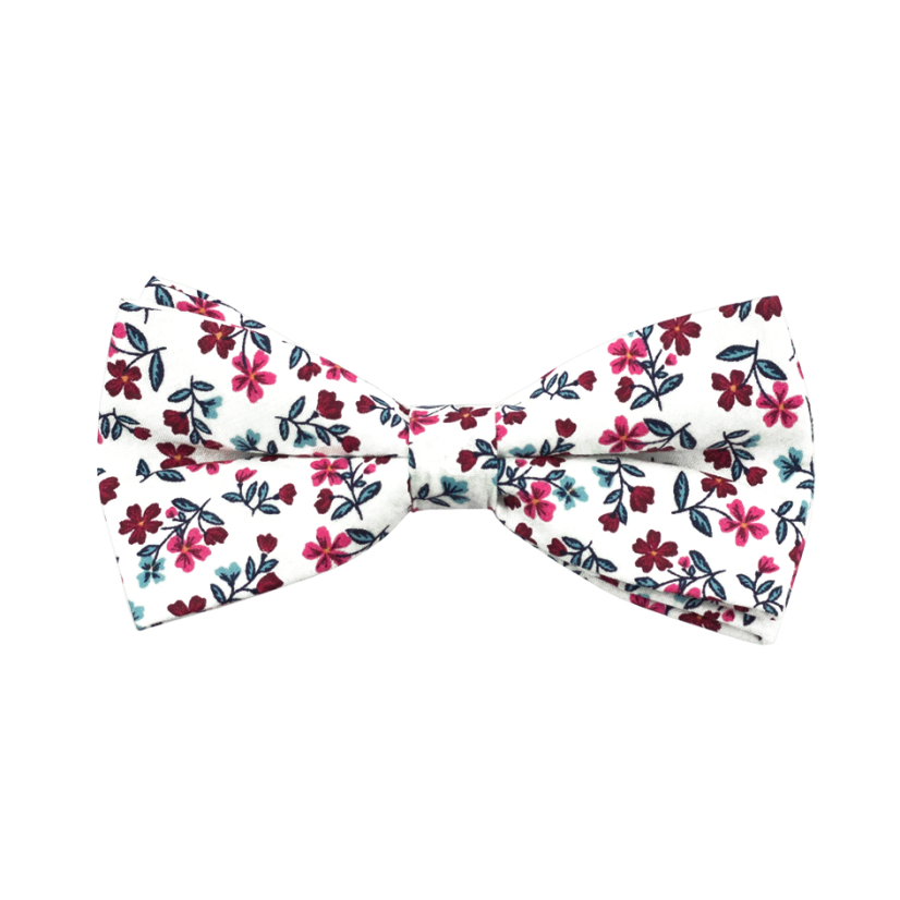 Bílý dětský bavlněný motýlek s vínově růžovými kvítky