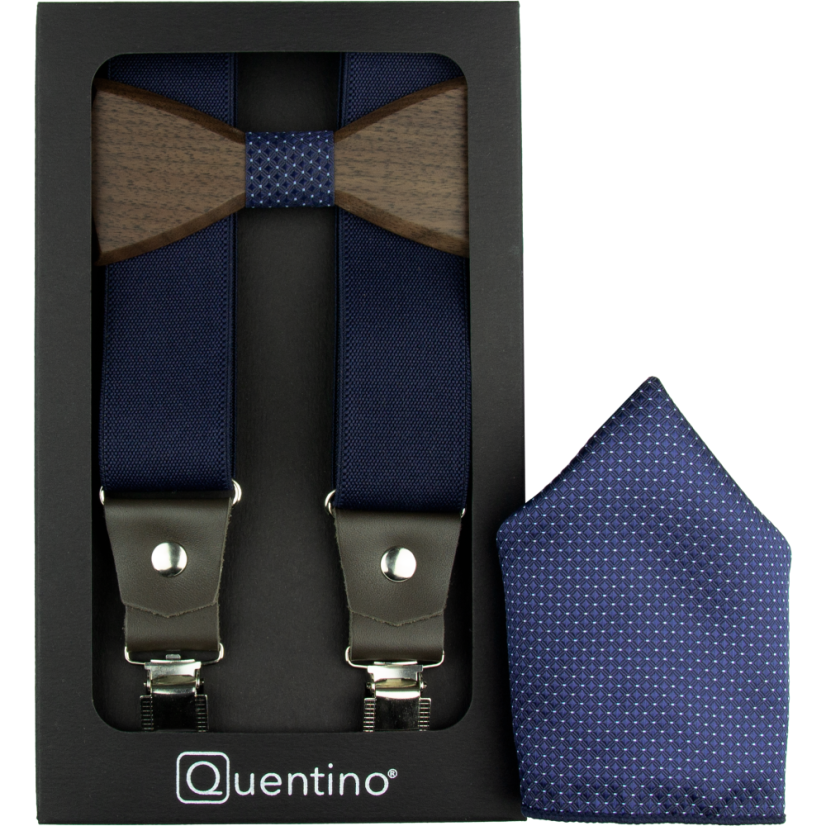 Tmavě modré pánské široké kšandy s dřevěným motýlkem