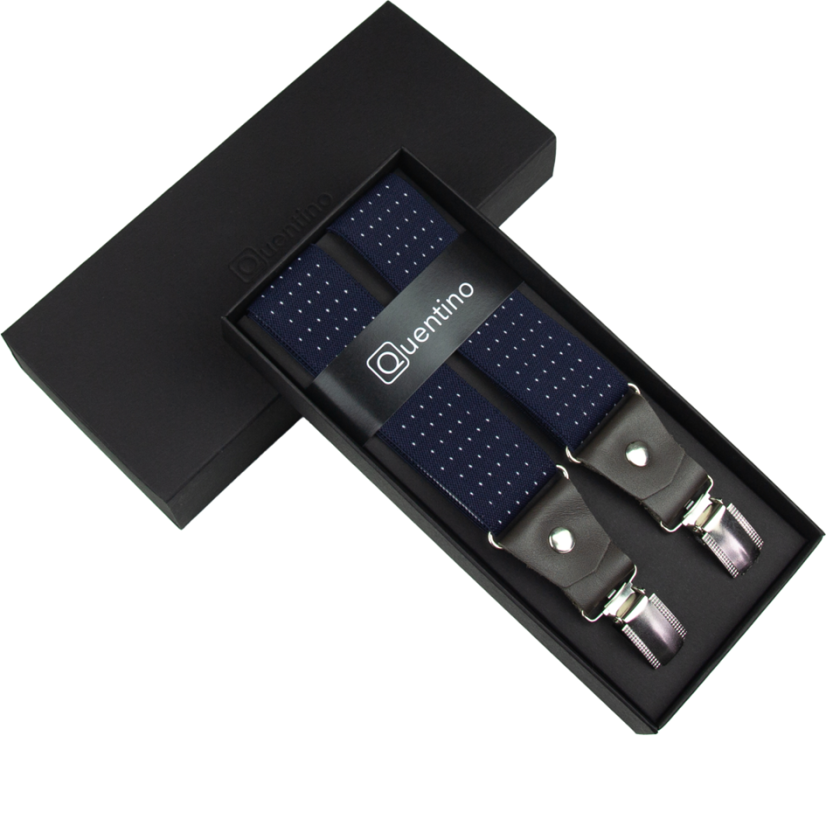 Tmavě modré pánské široké kšandy s puntíky a tmavě hnědou pravou kůží