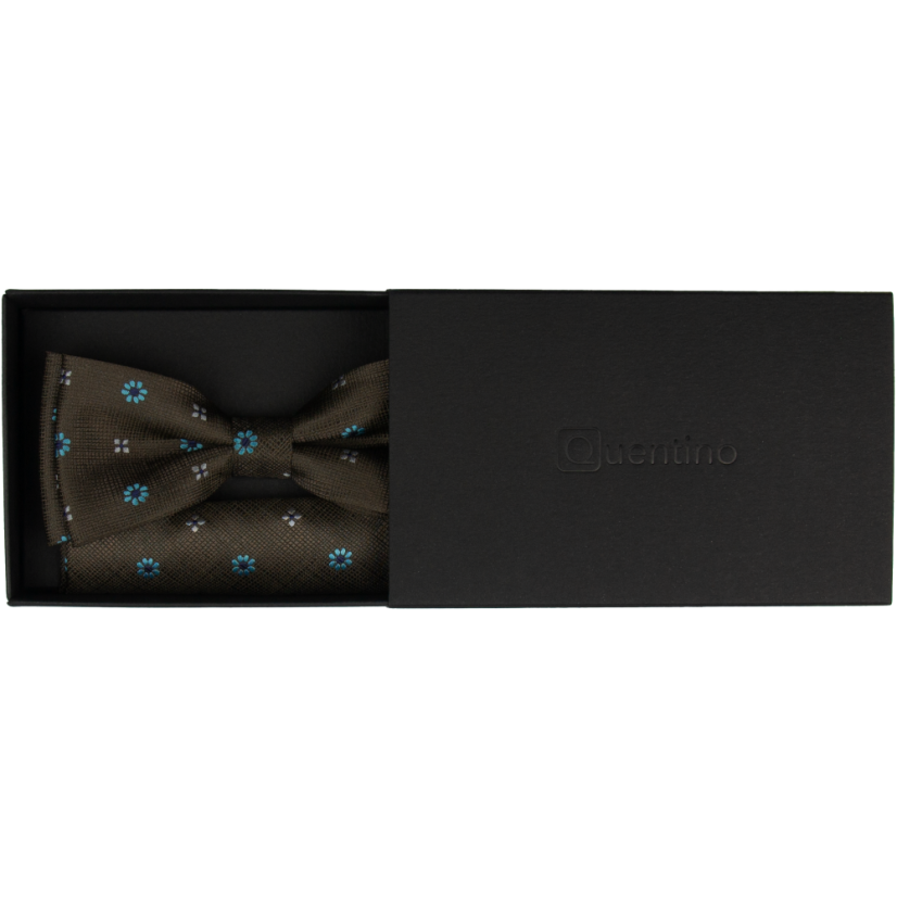 Dark Brown Men's Bow Tie with Turquoise Flowers Including Pocket Square
