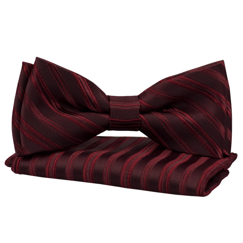 Vínově červený pánský motýlek s jemnými proužky a kapesníčkem