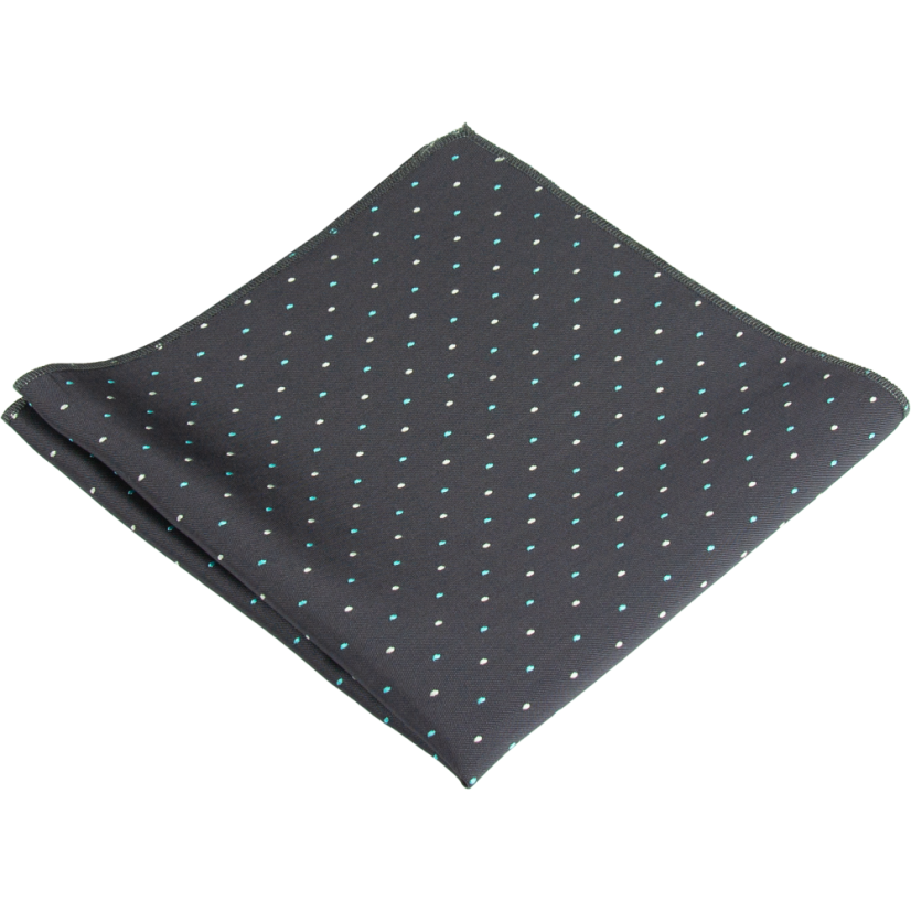 Tmavě šedý pánský kapesníček s drobnými mátovými a bílými puntíky