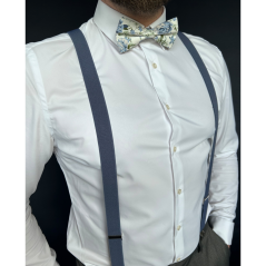 Modré denim pánské kšandy s bavlněným květovaným motýlkem