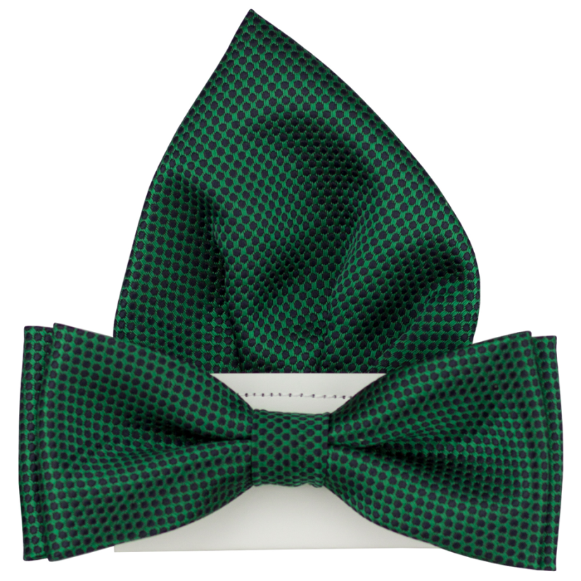 Tmavě zelený pánský motýlek s puntíky včetně kapesníčku