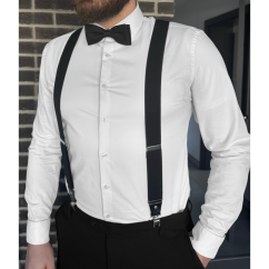 Černý pánský set s černým vzorem – kšandy, motýlek a kapesníček