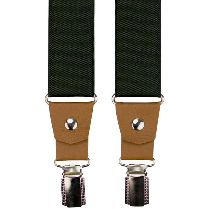 Tmavě zelené pánské široké kšandy s koňakovou pravou kůží