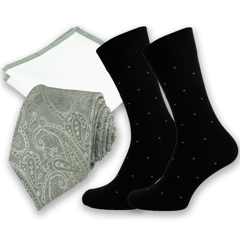Šalvějově zelený (sage green) pánský set – kravata, kapesníček a ponožky