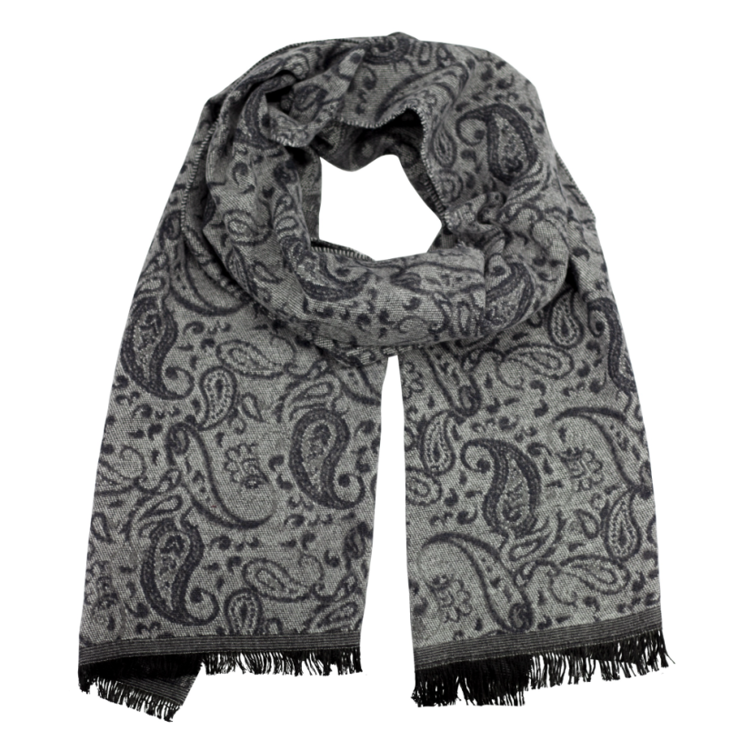 Grey & Black Men's Scarf with Paisley Pattern and Fringe