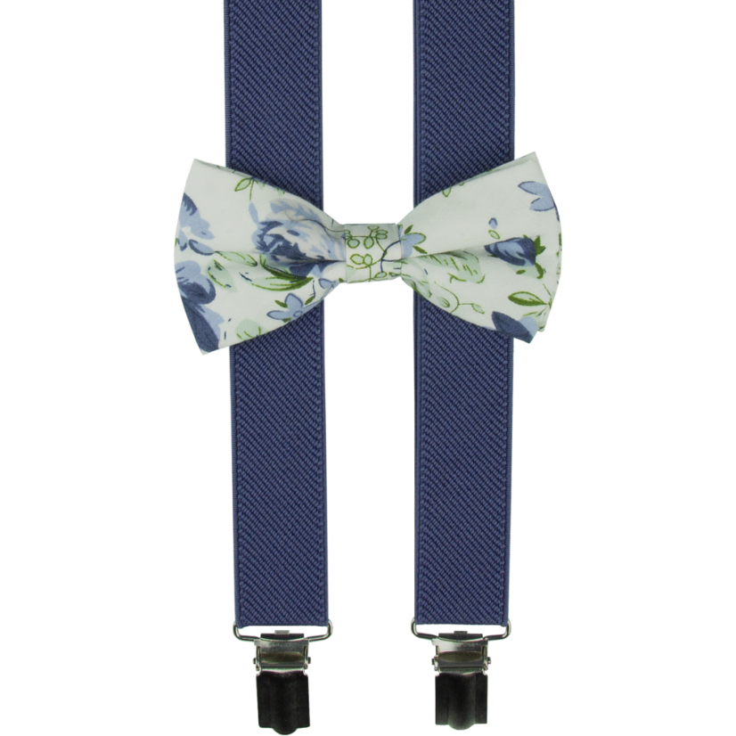 Modré denim dětské kšandy s bavlněným květovaným motýlkem