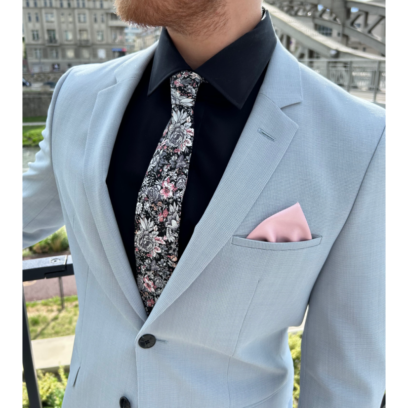 Black Men's Cotton Necktie with Grey-Pink Flowers
