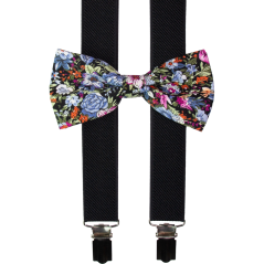 Black Men's Suspenders with Cotton Floral Bow Tie