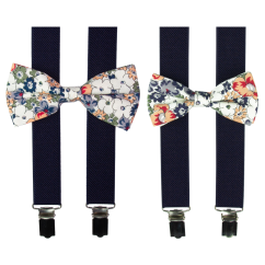 Tmavě modrý set s květovaným motýlkem pro tátu a syna