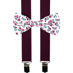 Burgundy Men's Suspenders with Cotton Floral Bow Tie