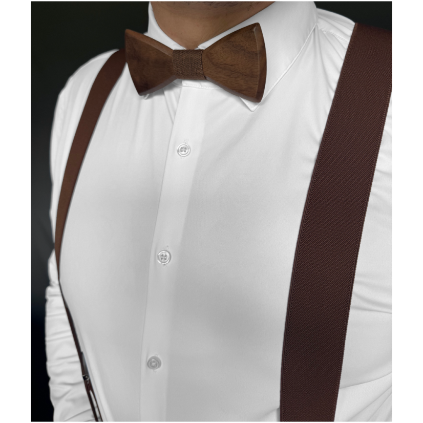 Hnědé pánské široké kšandy s dřevěným motýlkem