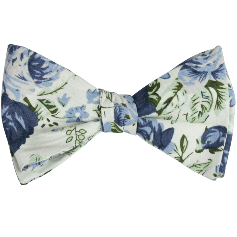 White Cotton Self-Tie Bow Tie with Blue Flowers