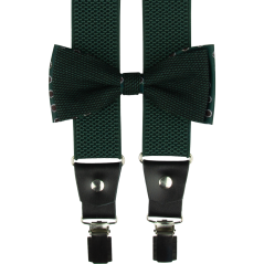 Emerald green men's accessory set with brown and white pattern - suspenders, bow tie and pocket square