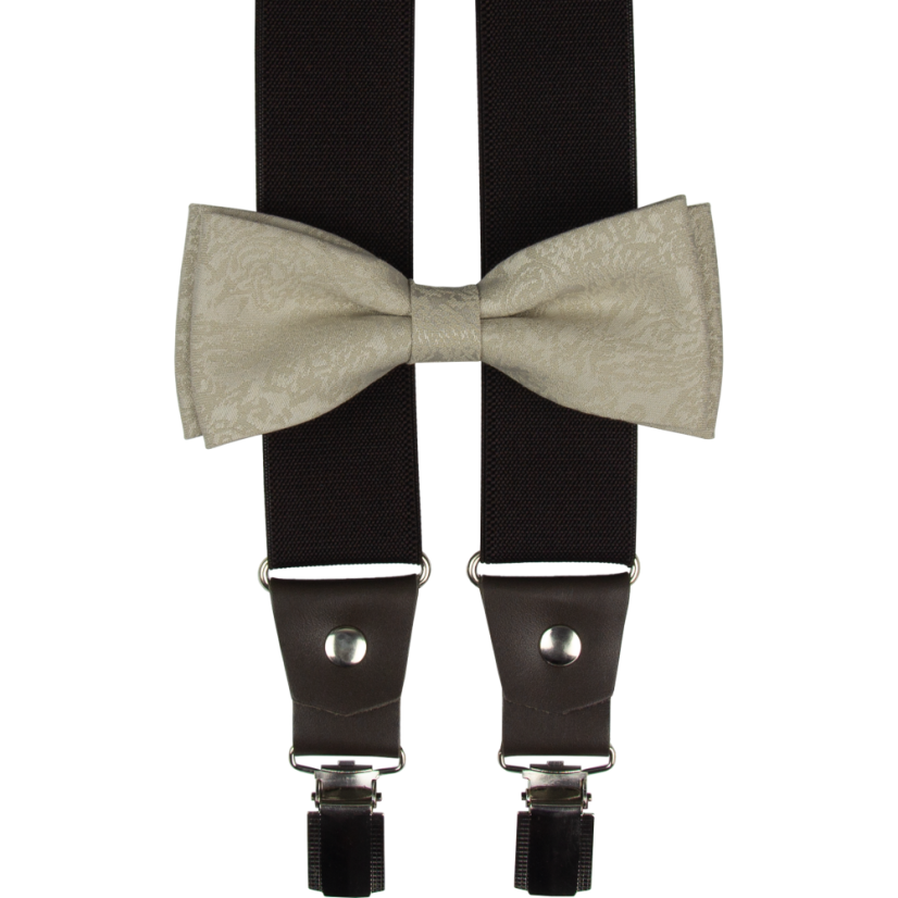 Světle béžovo-hnědý pánský set s jemnou strukturou – kšandy, motýlek a kapesníček