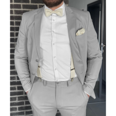 Smetanový (ecru) pánský set s jemnou strukturou - kšandy,  motýlek a kapesníček