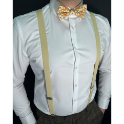 Beige Men's Suspenders with a Cotton Floral Bow Tie