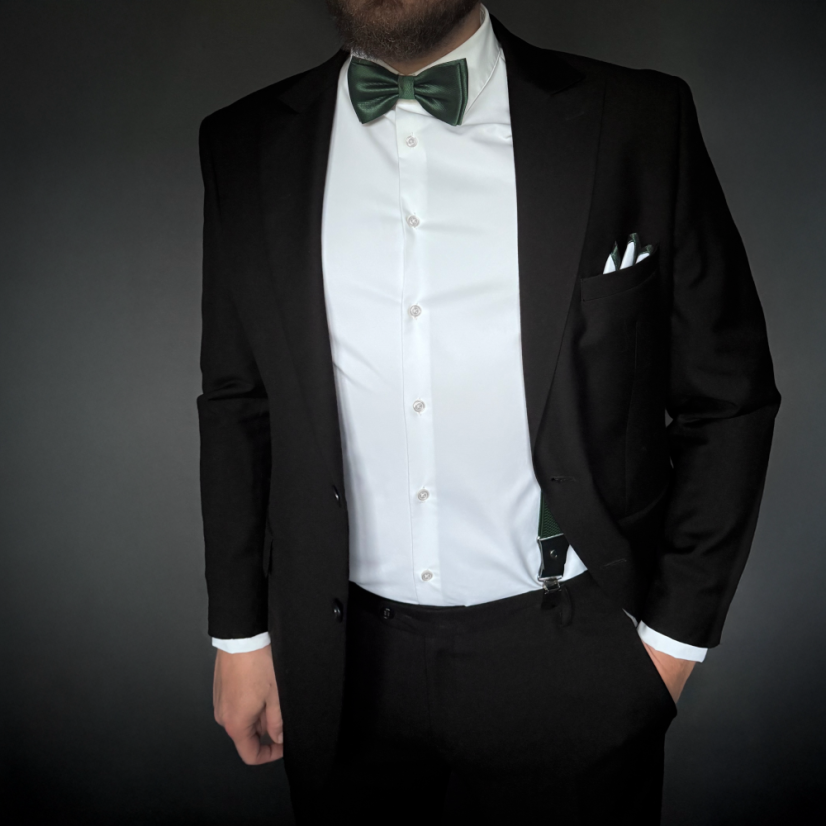 Smaragdově zelený pánský set s jemným vzorem - kšandy, motýlek a kapesníček