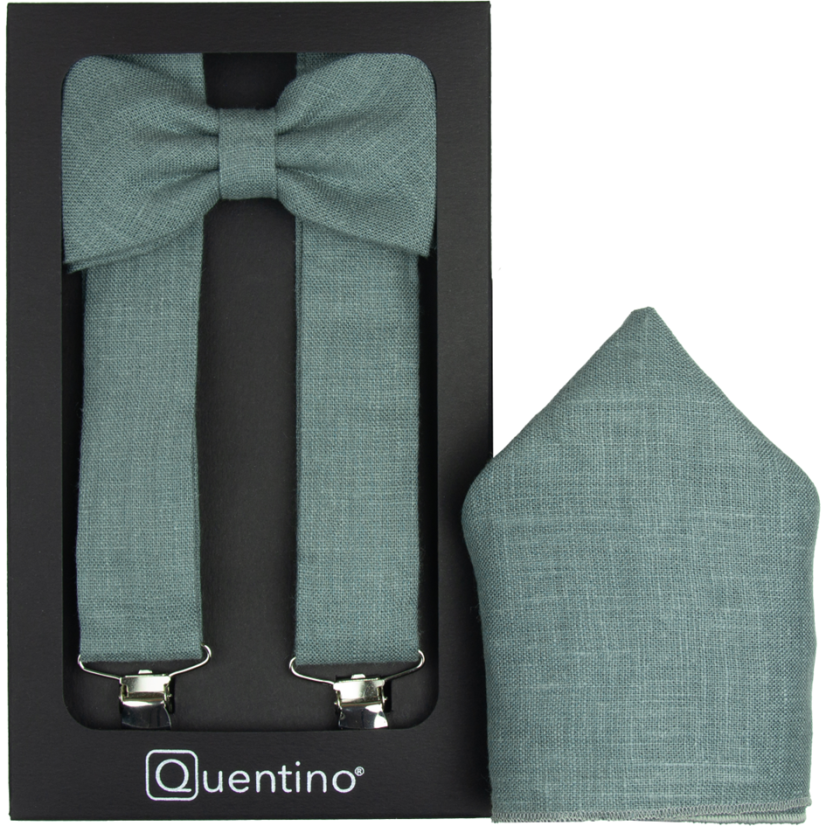 Lněné šalvějově zelené kšandy s motýlkem včetně kapesníčku