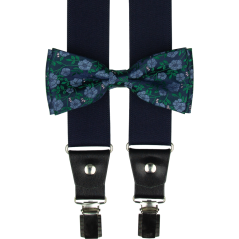 Tmavě modrý pánský set s modro-zeleným květinovým vzorem – kšandy, motýlek a kapesníček