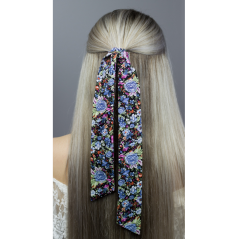 Černá dámská stuha s modro fialovými květy