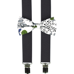 Tmavě šedé dětské kšandy s bavlněným květovaným motýlkem