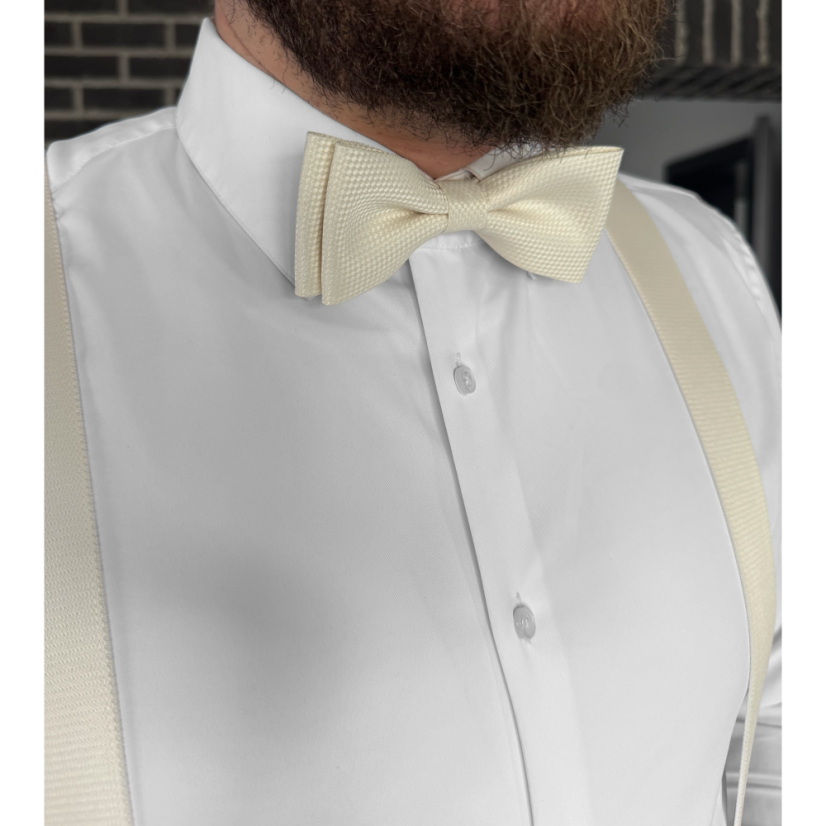 Cream (ecru) men's accessory set with a subtle texture - suspenders, bow tie and pocket square