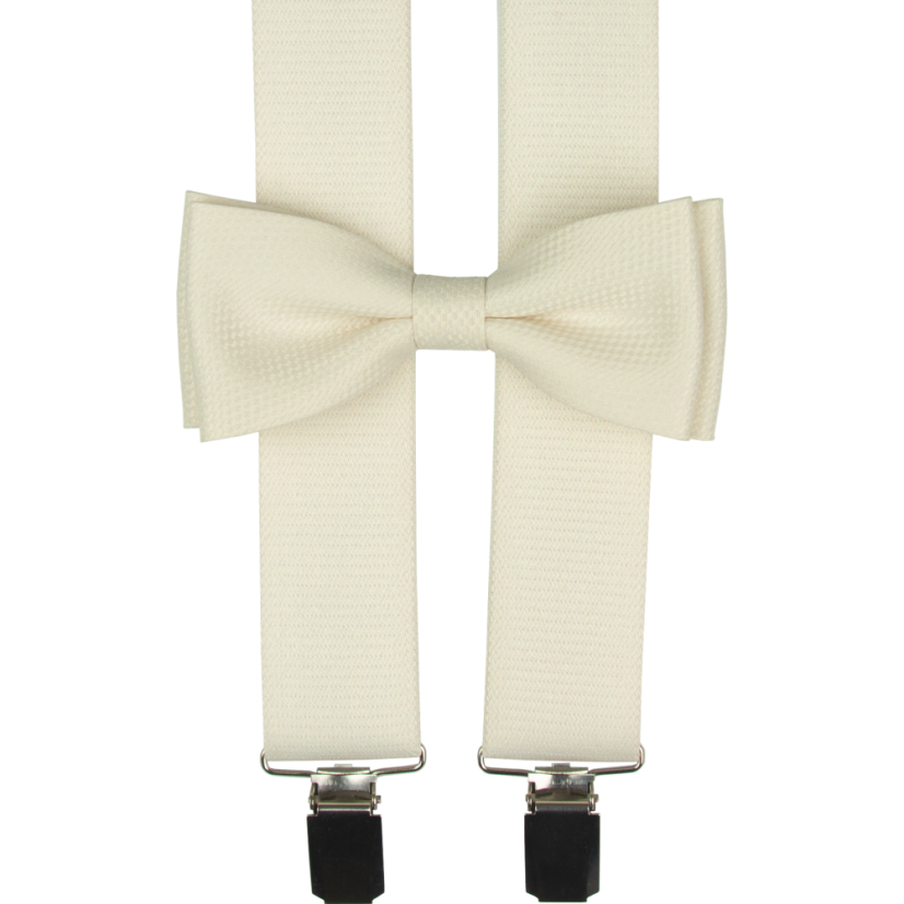 Cream (ecru) men's accessory set with a subtle texture - suspenders, bow tie and pocket square