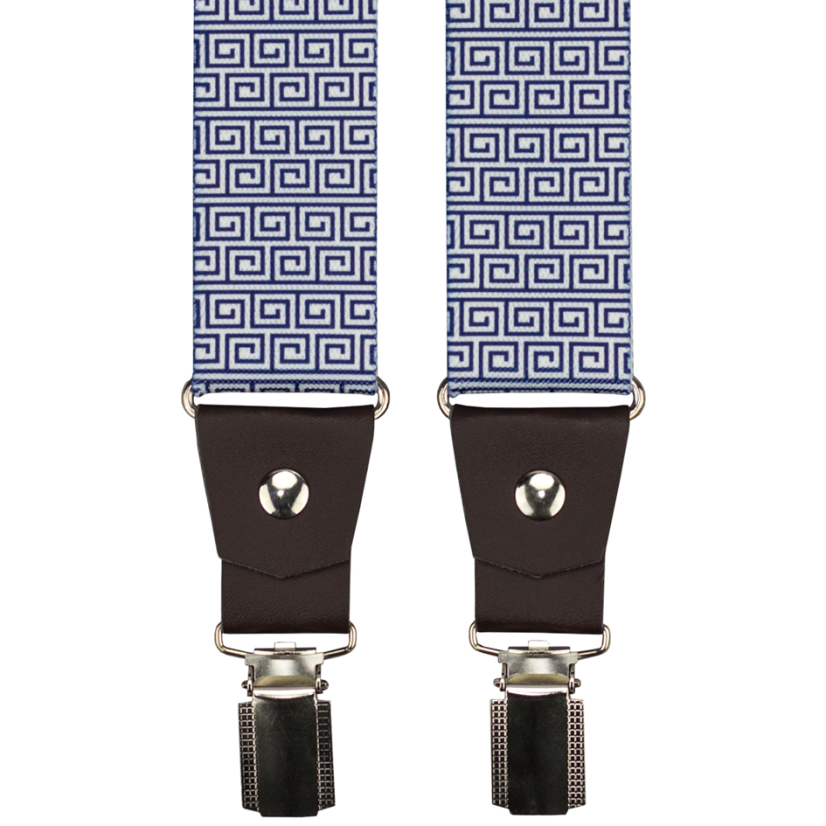 Modré pánské široké kšandy s bílým vzorem a tmavě hnědou pravou kůží Modré pánské široké kšandy s bílým vzorem a tmavě hnědou pravou kůží