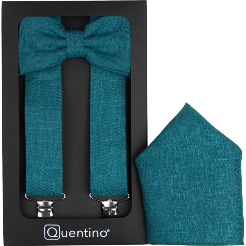 Lněné petrolejové kšandy s motýlkem včetně kapesníčku