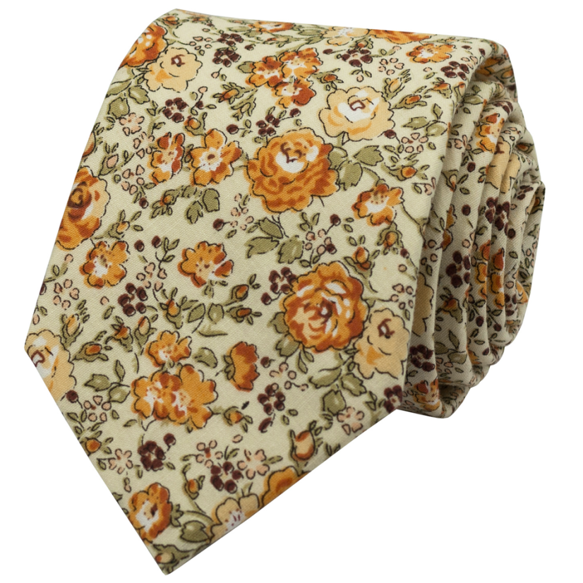 Light Beige Men's Cotton Necktie with Yellow-Orange Flowers